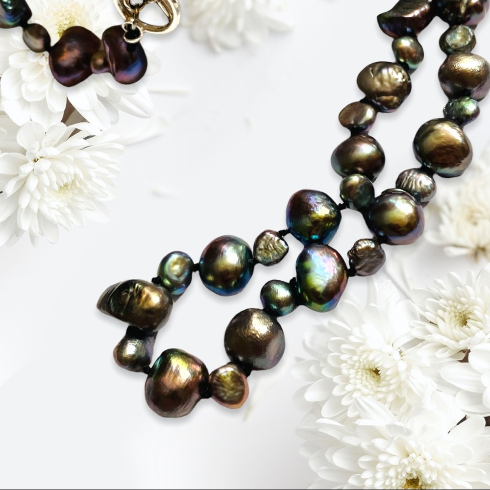 Hand Crafted Pearls Freshwater Necklace Silver Peacock Long Hand Knotted Silk - Picture 7 of 8